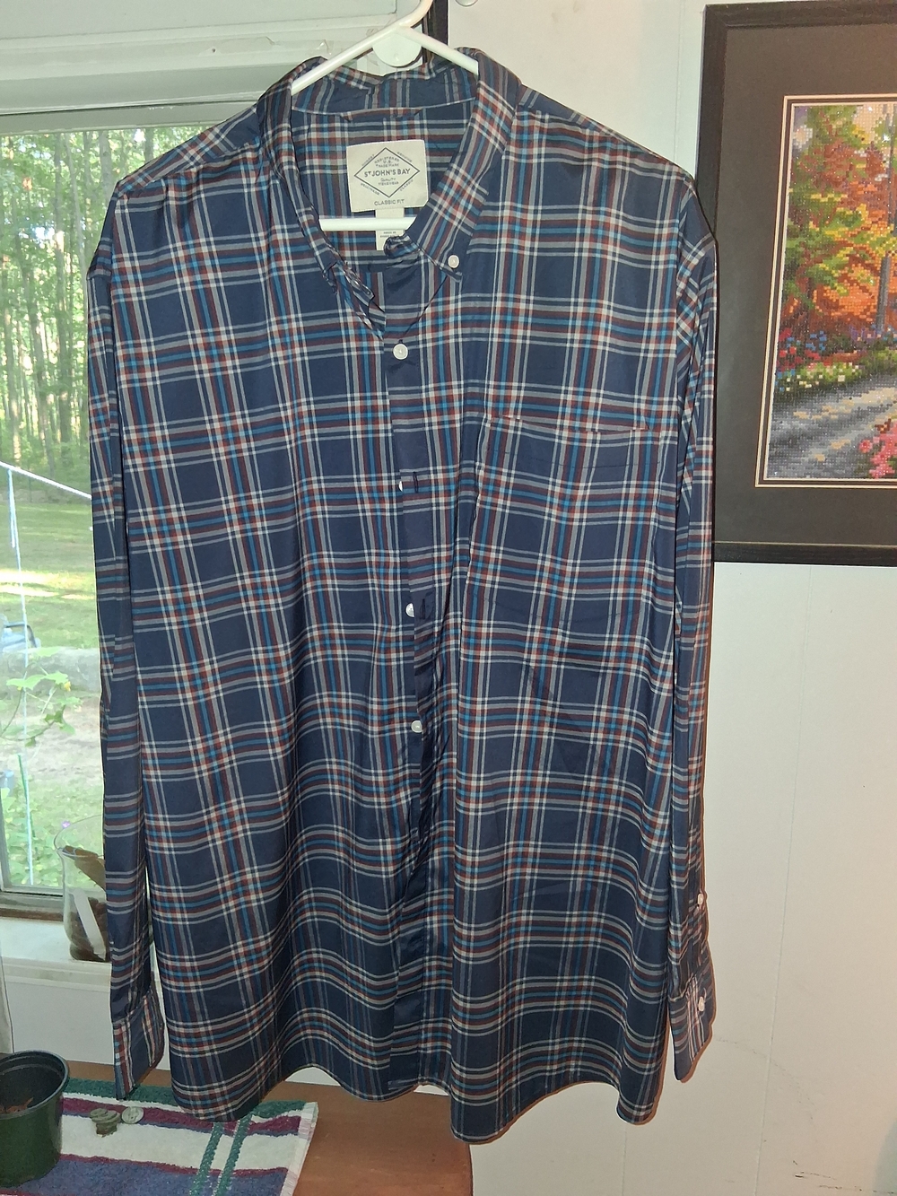 Saint John's Bay Active Navy Plaid Button-Down with Rust & White